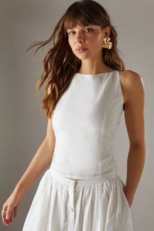 warehouse Womens Premium Linen Blend Racer Cross Back Crop Top - - Size 14 UK