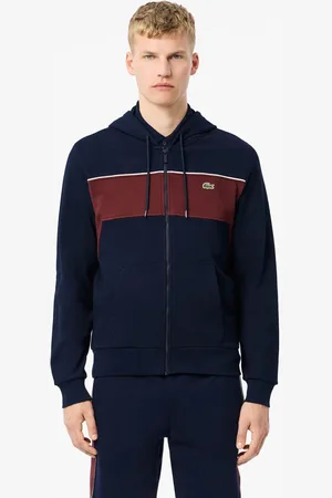 Lacoste Mens Zip-Up Colour-Block Hoodie in Navy Red Cotton - Size Small