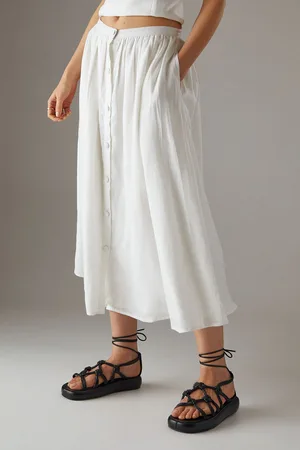 warehouse Womens Premium Linen Blend Drop Waist Button Through Maxi Skirt - - Size 16 UK