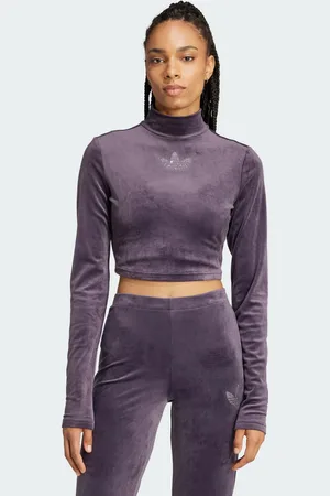 adidas Womens Long Sleeve Rhinestone Trefoil Velvet Crop Top - Recycled Material - Size Large