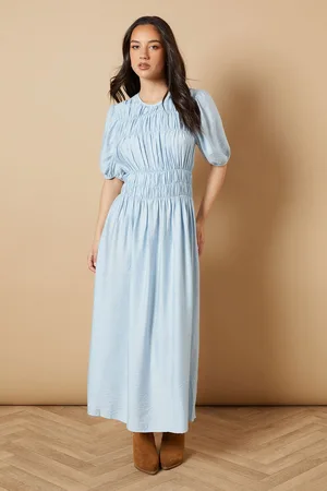 Oasis Womens Shirred Bodice Puff Sleeve Midi Dress - - Size 8 UK