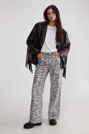 NASTY GAL Womens Tiger Print Denim Wide Leg Jean - Cotton - Size 18 UK