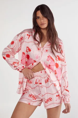 NASTY GAL Womens Satin Western Placement Print Shirt and Short Set - - Size 6 UK