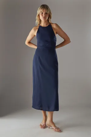 warehouse Womens Premium Linen Blend Racer Tie Back Midi Dress - Viscose - Size 14 UK