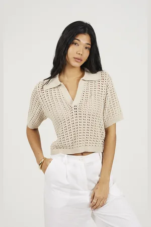 Brave Soul Womens Pointelle Knit Collared T-Shirt - Size Medium