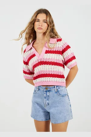 Brave Soul Womens Stripe Pointelle Knit Collared T-Shirt - Size Large