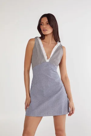 NASTY GAL Womens Gingham Mix Broderie Ruffle Plunge Mini Dress - Cotton - Size 8 UK