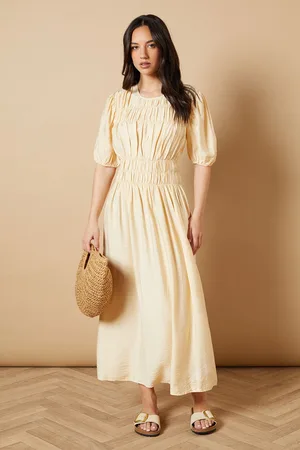 Oasis Womens Shirred Bodice Puff Sleeve Midi Dress - - Size 14 UK