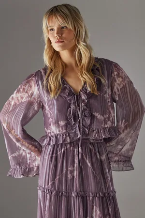 warehouse Womens Metallic Chiffon Ruffle Tie Front Flared Sleeve Blouse - - Size 12 UK