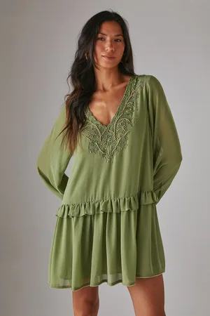 warehouse Womens Hand Embellished Chiffon Sequin Mini Smock Dress - - Size 14 UK