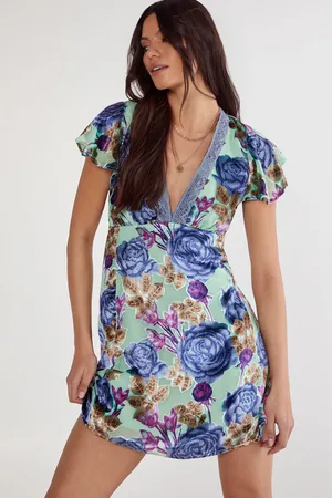 NASTY GAL Womens Floral Devore Lace Trim Cut Out Back Mini Dress - - Size 6 UK