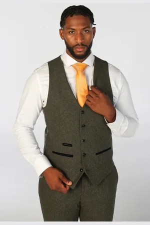 PAUL ANDREW Mens Olive Wool Blend Tweed Formal Waistcoats - Size 46 (Chest)