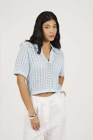 Brave Soul Womens Pointelle Knit Collared T-Shirt - Size X-Small