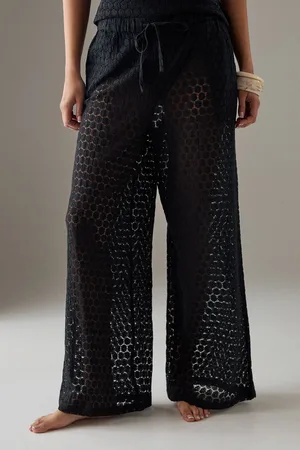 warehouse Womens Crochet Drawstring Waist Wide Leg Trousers - Cotton - Size 6 UK