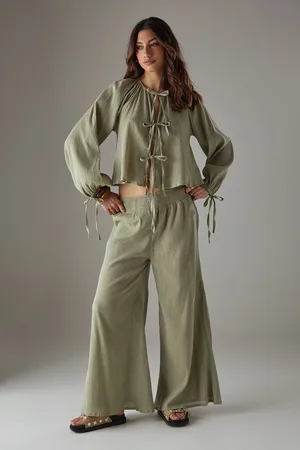 warehouse Womens Cheesecloth Shirred Waist Wide Leg Trousers - - Size 10 UK
