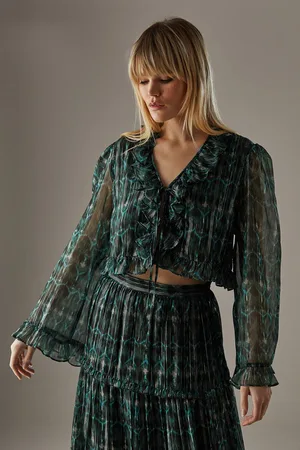 warehouse Womens Metallic Chiffon Ruffle Tie Front Flared Sleeve Blouse - - Size 8 UK