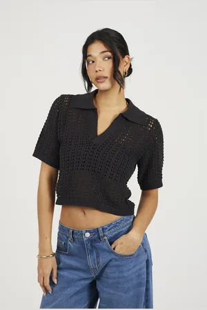 Brave Soul Womens Pointelle Knit Collared T-Shirt - Size X-Small