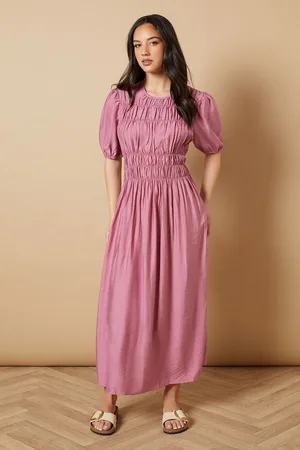Oasis Womens Shirred Bodice Puff Sleeve Midi Dress - - Size 6 UK