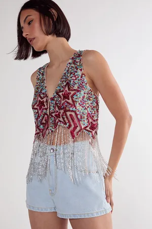 NASTY GAL Womens Sequin Star Lightening Bolt Tassel Vest - - Size 8 UK