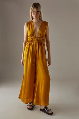warehouse Womens Crinkle Satin Plunge Neck Tie Detail Jumpsuit - - Size 10 UK