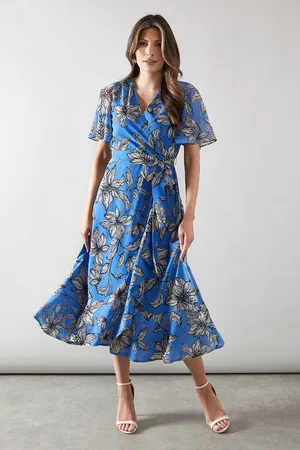 wallis Womens Floral Ruffle Wrap Belted Midi Dress - - Size 16 UK