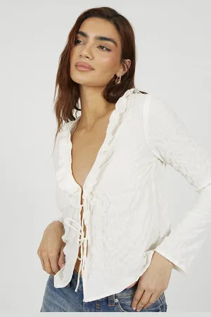 Brave Soul Womens Seersucker Frill Collar Tie Front Blouse - Size Large