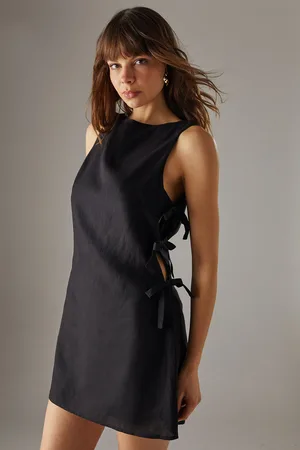 warehouse Womens Premium Linen Blend Bow Side Mini Dress - - Size 16 UK