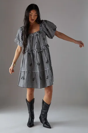 warehouse Womens Petite Embroidered Gingham Smock Mini Dress - - Size 6 UK