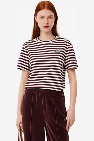 Lacoste Womens Loose Fit Striped Cotton T-Shirt in red - Size 10 UK