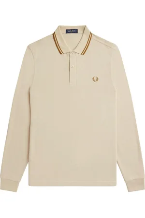 Fred Perry Mens Long Sleeve Twin Tipped Oatmeal Polo Shirt Cotton - Size 2XL