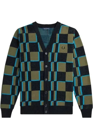 Fred Perry Mens Glitch Chequerboard /Uniform Green Cardigan Cotton - Size Medium
