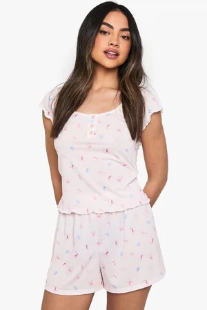 Boohoo Womens Bow Print Rib Lettuce Hem Short Sleeve Top & Shorts Pyjama Set - - Size 14 UK