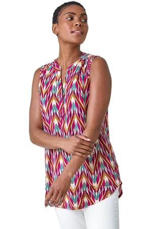 Roman Womens Sleeveless V-Neck Floral Button Detail Top - - Size 12 UK