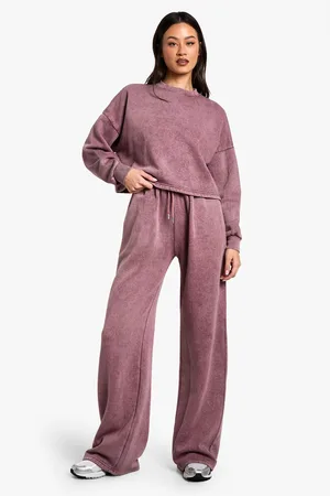Boohoo Womens Tall Acid Wash Wide Leg and Cropped Sweatshirt Tracksuit - Cotton - Size Small