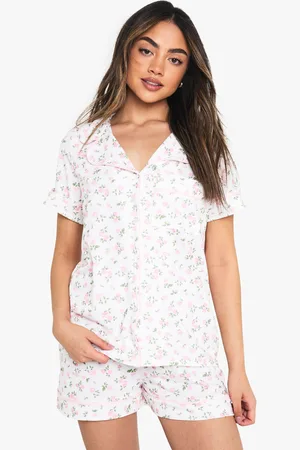 Boohoo Womens Floral Print Piping Detail Short Sleeved Shirt & Shorts Pyjama Set - - Size 14 UK