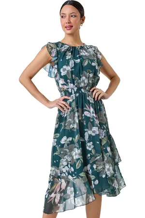 Roman Womens Floral Frill Shirred Asymmetric Midi Dress - - Size 12 UK