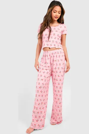 Boohoo Womens Cherry Print Lettuce Hem Short Sleeve Top & Trousers Pyjama Set - - Size 14 UK
