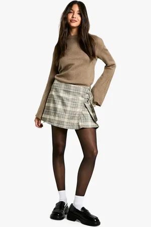 Boohoo Womens Check Pleated Mini Skirt with Buckle Fastening - - Size X-Large