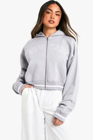 Boohoo Womens New York Slogan 06 Zip Through Boxy Crop Hoodie - Cotton - Size Medium