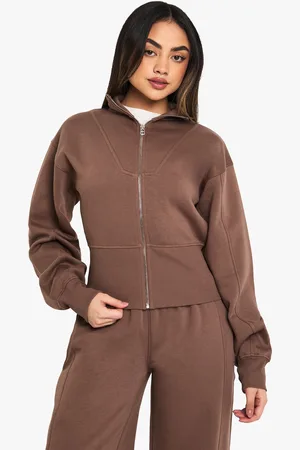 Boohoo Womens Deep Cinched Waist Funnel Neck Zip Through Sweatshirt - Cotton - Size Large