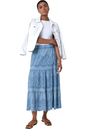 Roman Womens Broderie Elastic Waist A Line Tiered Midi Skirt - - Size 20 UK
