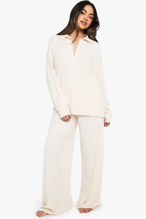 Boohoo Womens Loungewear Soft Rib Collared Long Sleeve Top & Trousers Pyjama Set - - Size 8 UK