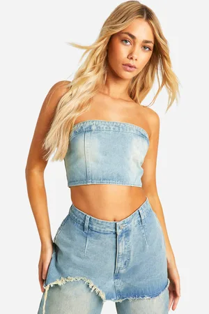Boohoo Womens Faded Wash Denim Bandeau - Cotton - Size 16 UK
