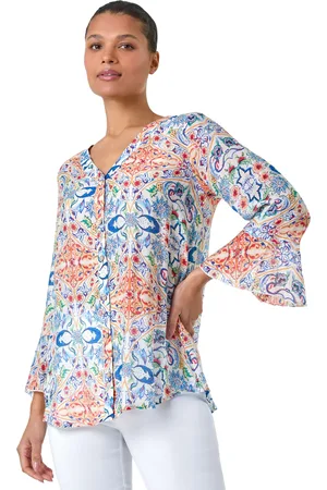 Roman Womens Abstract Floral Frill Sleeve Top - - Size 10 UK
