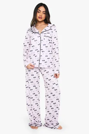 Boohoo Womens Cherry Print Piping Detail Long Sleeved Shirt & Trousers Pyjama Set - - Size 10 UK