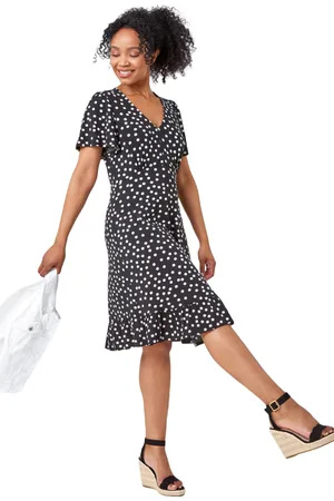 Roman Womens Petite Polka Dot Frill Hem Stretch Dress - - Size 14 UK