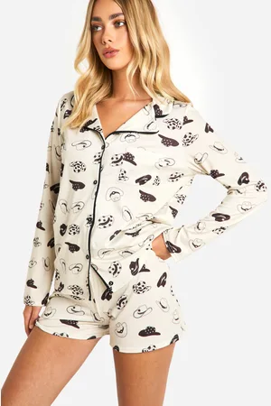 Boohoo Womens Western Cowboy Print Long Sleeve Shirt & Shorts Pyjama Set - - Size 8 UK