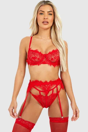Boohoo Womens Crotchless Eyelash Lace Bralette Suspender And Thong Set - - Size XL (Longest)