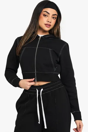 Boohoo Womens Contrast Stitch Shrunken Zip Through Hoodie - Cotton - Size Small