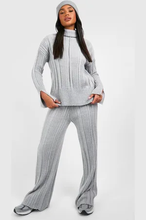 Boohoo Womens Soft Mixed Rib Knit Wide Leg Trousers - - Size Medium